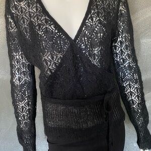 N0084 Made in Italy of Benetton elegant Black knit Lace Wrapover  lightweight